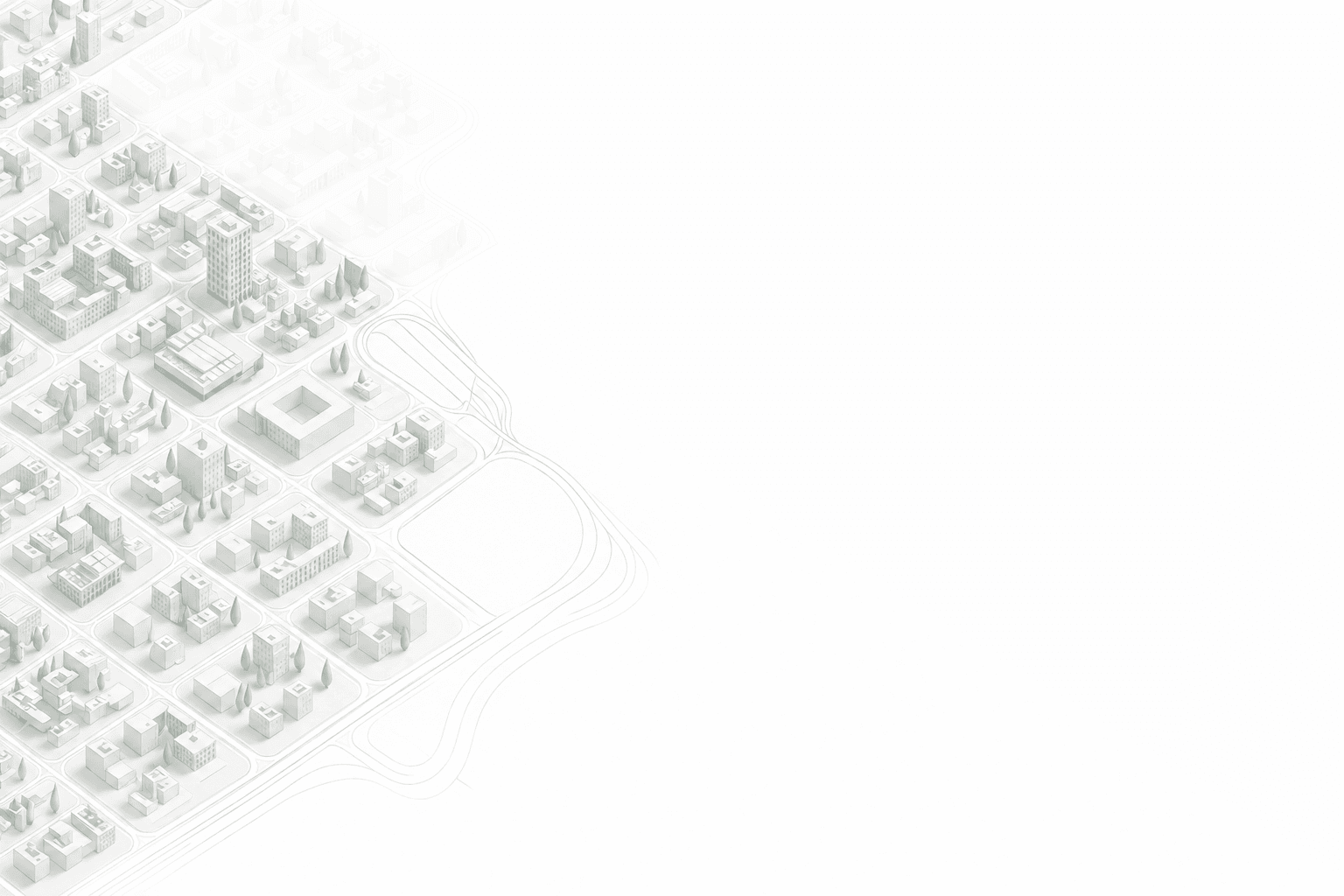Isometric city block illustration with a highlighted route from a key chip to a home chip