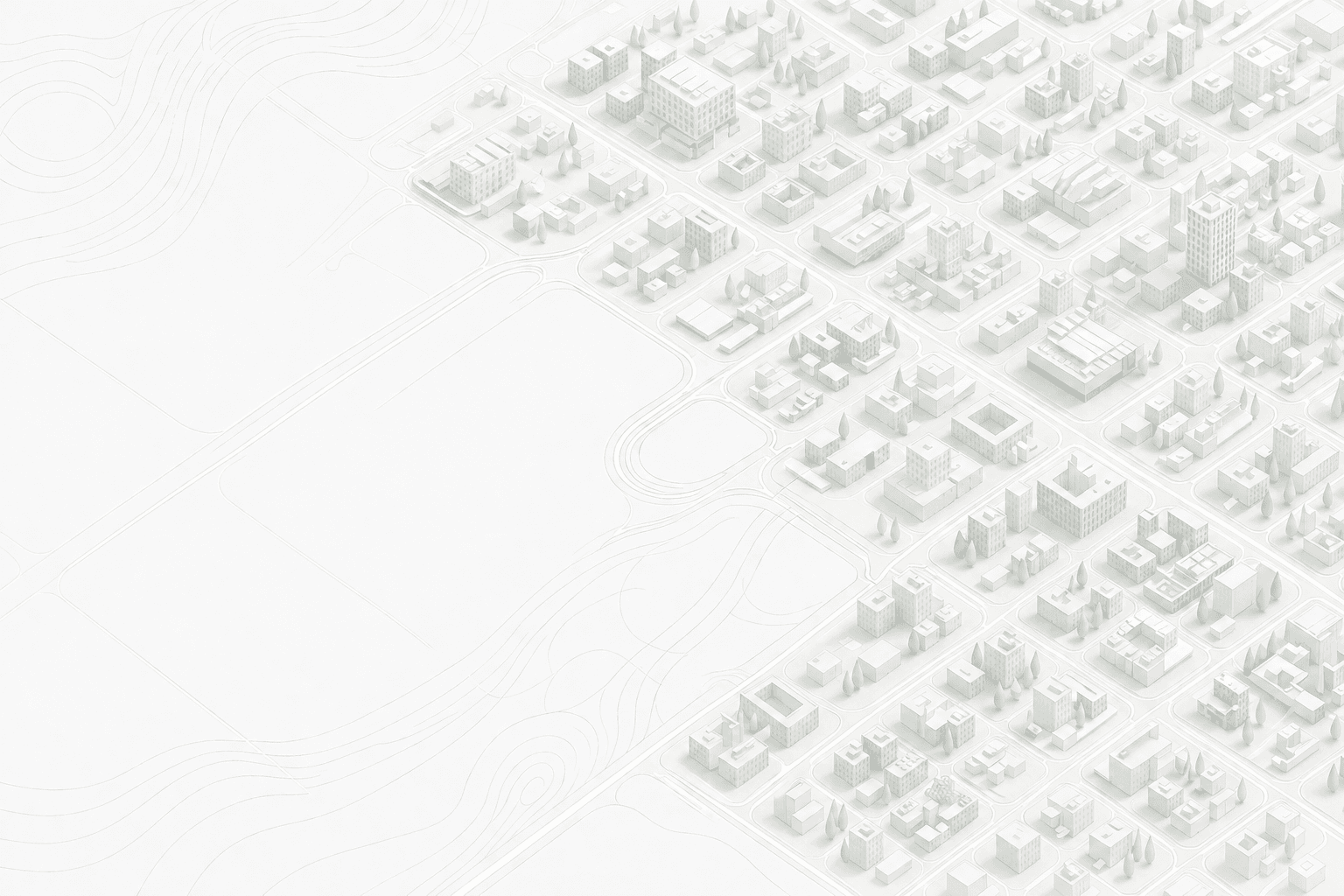 Isometric city block illustration with a highlighted route from a key chip to a home chip